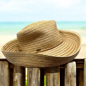 The Scala Collection Rolled Brim Natural Raffia Woven Straw Sun Hat O/S Beachy